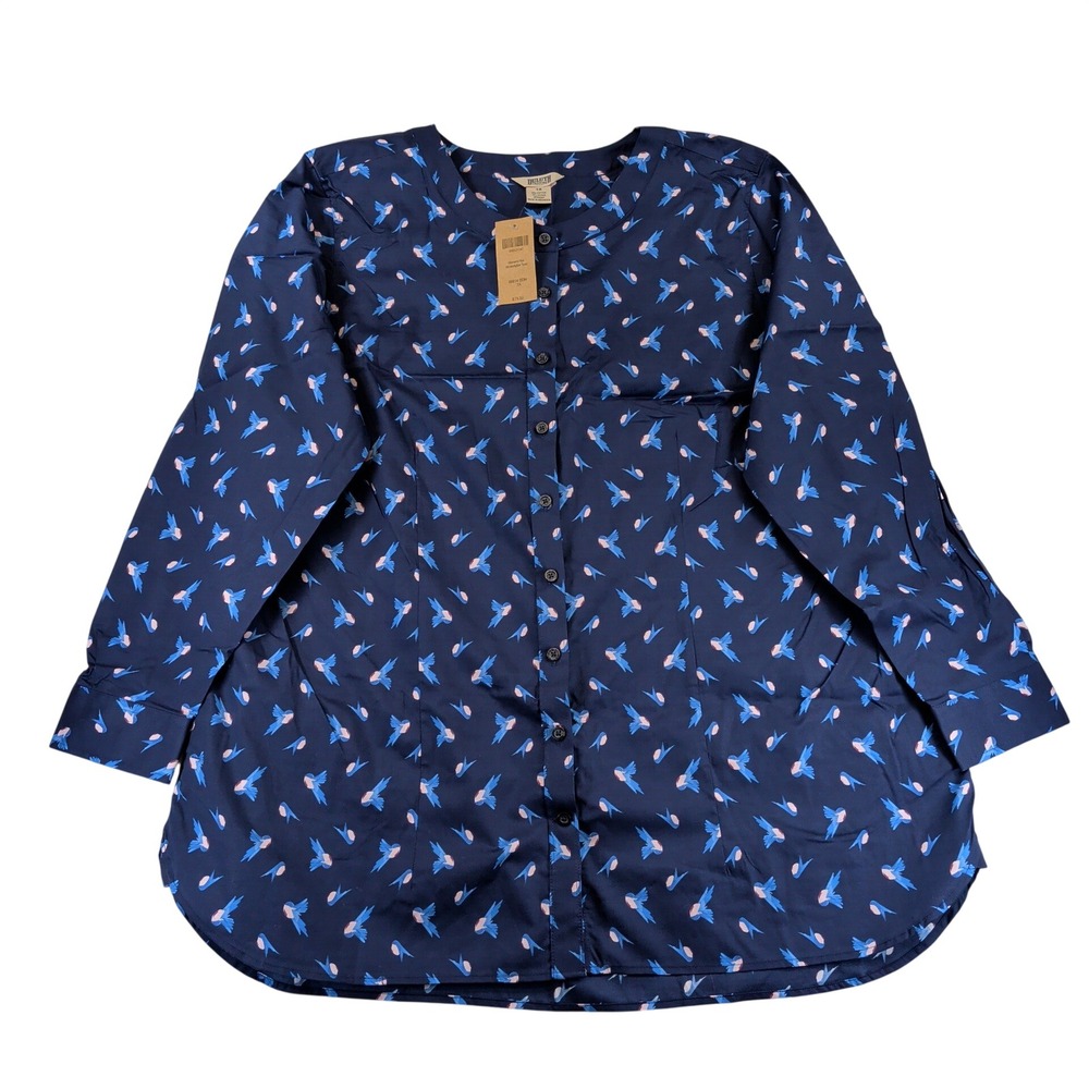 Duluth Trading Co Womens 1X Wrinklefighter Tunic Navy Blue Bird Print 89814 BDN